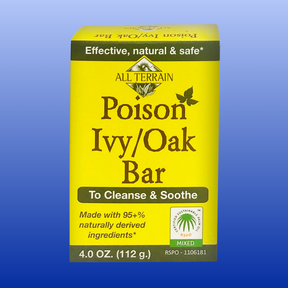 Yellow All Terrain Poison Ivy Oak Bar soap packaging to cleanse and soothe irritated skin, 4 oz natural ingredients bar