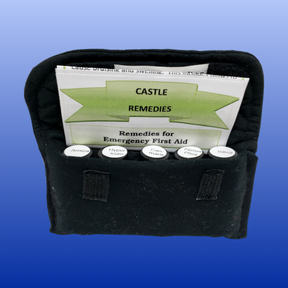 Compact emergency pouch kit with five homeopathic remedies and instruction leaflet for first aid use at home or travel