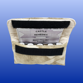 Castle Remedies Travel Pouch Kit with five remedies and instructions in a compact fabric carry case for easy travel.