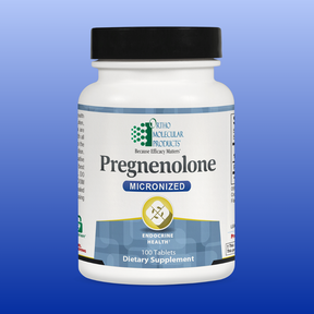 Bottle of Ortho Molecular Products Pregnenolone 10 mg micronized dietary supplement with 100 tablets for hormone support