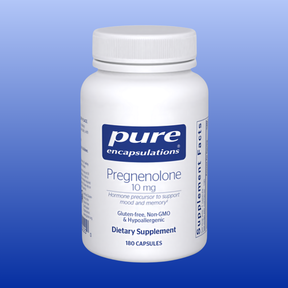 Bottle of Pure Encapsulations Pregnenolone 10 mg dietary supplement with 180 vegan capsules for mood and memory support