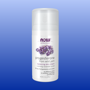 Natural progesterone cream with wild yam and calming lavender scent for hormonal balance and skin care, 3 oz pump bottle.
