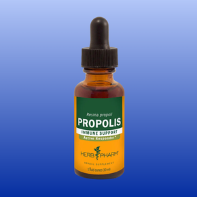 Herb Pharm Propolis 1 oz tincture bottle for immune support herbal supplement with dropper cap on blue background