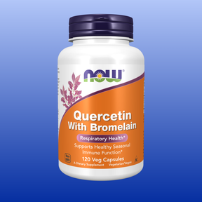 Bottle of Now brand Quercetin with Bromelain supplement supporting immune and respiratory health with 120 veg capsules