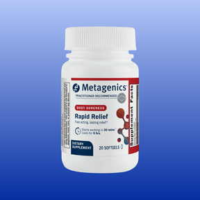 Bottle of Metagenics Rapid Relief dietary supplement with 20 softgels for fast-acting joint pain relief lasting six hours
