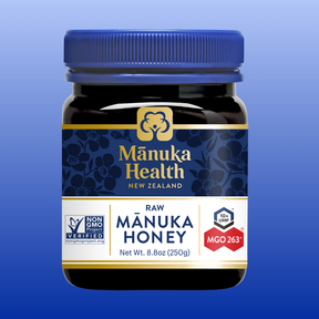 Jar of Manuka Health raw Manuka Honey MGO 263+ New Zealand, 8.8 oz, non-GMO raw honey for wound healing.