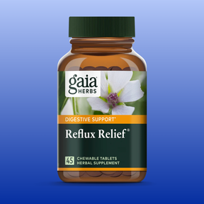 Gaia Herbs Reflux Relief chewable tablets bottle for acid reflux and heartburn with herbal digestive support