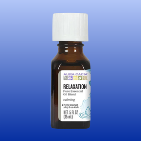 Bottle of Aura Cacia Relaxation Essential Oil Blend, 0.5 oz, calming aromatherapy with natural ingredients