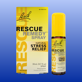 Bach Rescue Remedy Spray 20 mL bottle and box for natural stress relief and anxiety relief with flower essences