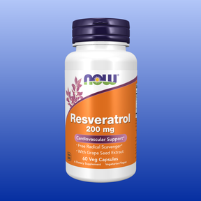 Bottle of Resveratrol 200 mg vegan capsules for cardiovascular support and free radical scavenging with grape seed extract