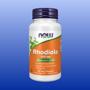 Bottle of Now Rhodiola 500 mg 60 vegetable capsules adaptogenic herb for stress support and daily life balance