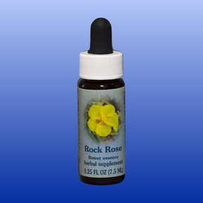 Rock Rose Flower Essence 0.25 oz bottle with dropper, herbal supplement featuring yellow Helianthemum nummularium flower label