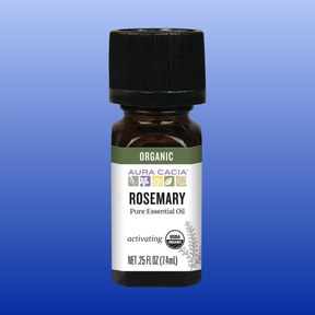 Bottle of Aura Cacia organic rosemary pure essential oil 0.25 oz with black cap on gradient blue background