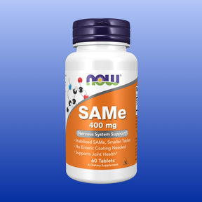 Bottle of NOW SAMe 400 mg dietary supplement tablets supporting nervous system and joint health, 60 count