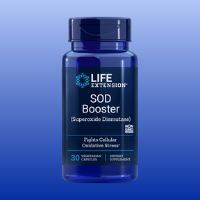 Blue Life Extension SOD Booster bottle with 30 vegetarian capsules supporting antioxidant and oxidative stress defense.