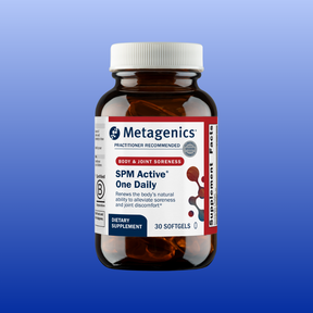 Metagenics SPM Active One Daily softgels dietary supplement for body and joint soreness relief bottle on blue background