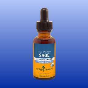 Bottle of Herb Pharm Sage tincture for nervous system support and mental clarity with organic certification label