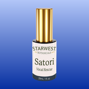 Satori Vocal Rescue Spray 1 oz by Starwest Botanicals with gold cap, herbal throat spray for vocal relief and protection
