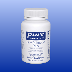 Bottle of Pure Encapsulations Saw Palmetto Plus dietary supplement with 60 softgel capsules on blue gradient background