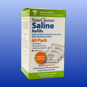 SinuCleanse Saline Refills 60 Pack, all-natural, preservative-free nasal wash solution packets for sinus care.