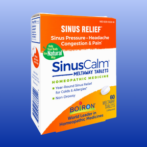 SinusCalm homeopathic meltaway tablets for sinus relief, congestion, headache, pressure, and pain, 60 tablets box.