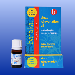 Sinus Rejuvenation Oil by Baraka, essential oil blend for colds, allergies, and chronic congestion relief, 5 mL bottle and packaging.