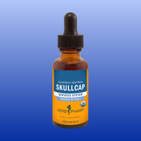 Herb Pharm Skullcap organic tincture for nervous system support in a 1-ounce amber dropper bottle