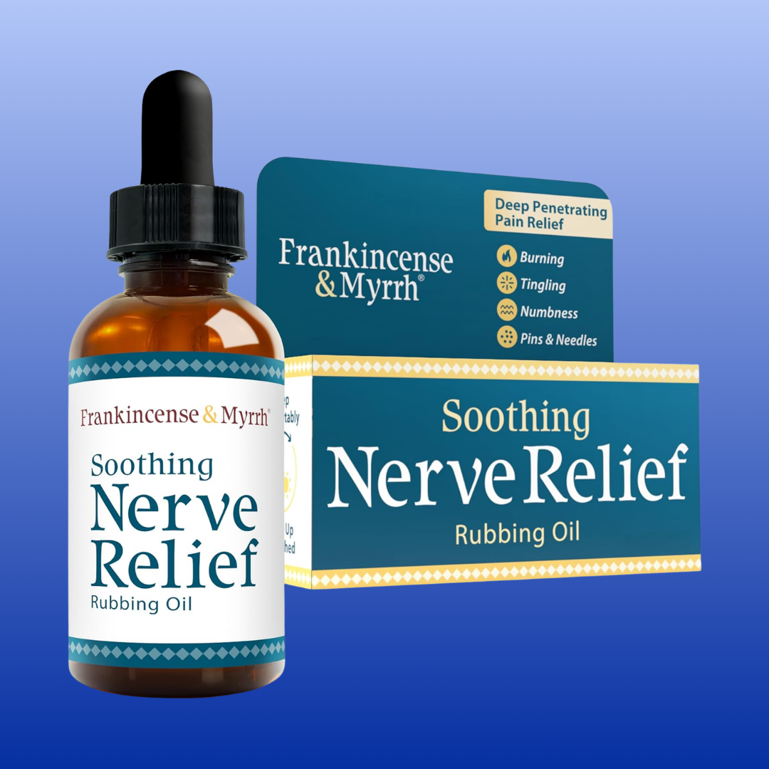 Frankincense & Myrrh Soothing Nerve Relief Rubbing Oil bottle and packaging on a blue background