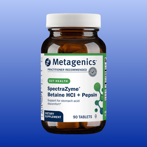 Bottle of SpectraZyme Betaine HCl plus Pepsin dietary supplement for digestion and stomach acid support with 90 tablets
