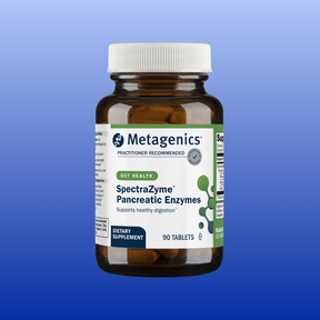 Metagenics SpectraZyme Pancreatic Enzymes dietary supplement bottle with 90 tablets for digestion support