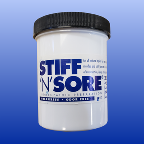 Suco Stiff 'N' Sore homeopathic cream for muscle and joint pain relief in 8 oz greaseless container