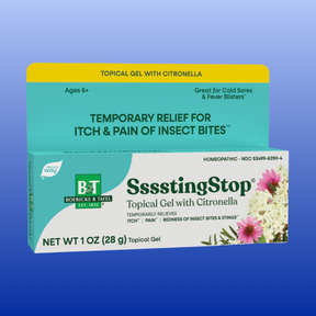 Boericke & Tafel SsstsingStop Topical Gel with Citronella product packaging, featuring a turquoise and white box with yellow and green branding elements, set against a blue gradient background.