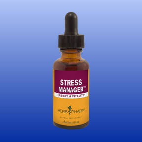 Stress Manager herbal tincture bottle with Eleuthero and Rhodiola for stress relief and energy vitality.