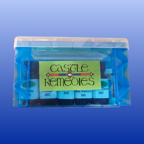 Transparent blue box with five homeopathic remedies labeled Castle Remedies for student wellness kit
