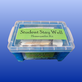 Clear plastic box containing the Student Stay Well homeopathic kit with five remedies for student wellness and well-being.