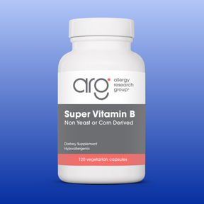 Bottle of Super Vitamin B 120 vegetarian capsules by Allergy Research Group, non yeast or corn derived supplement
