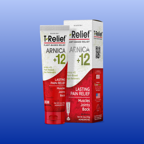 T-Relief Arnica +12 cream tube and box for lasting pain relief in muscles, joints, and back with plant-based ingredients.