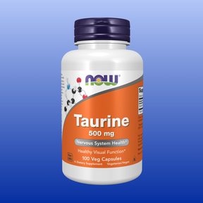 Bottle of Taurine 500 mg dietary supplement with 100 vegetarian capsules for nervous system and eye health.