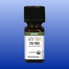 Bottle of Aura Cacia organic tea tree pure essential oil 0.25 oz for aromatherapy and purification uses