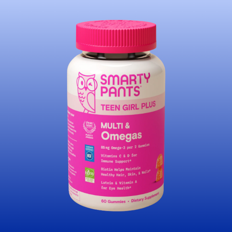 Supplement bottle labeled 'Smarty Pants Teen Girl Plus' on a blue background