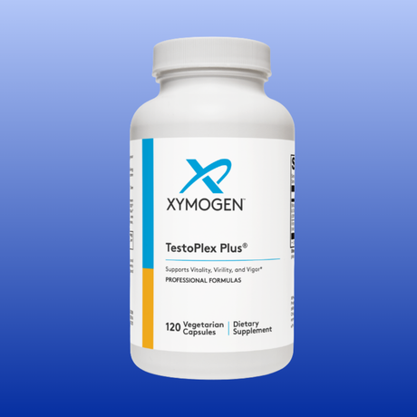 Bottle of TestoPlex Plus dietary supplement by Xymogen with 120 vegetarian capsules for vitality and hormone support