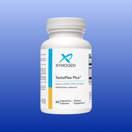 White bottle of TestoPlex Plus dietary supplement with 60 vegetarian capsules for vitality and hormone support