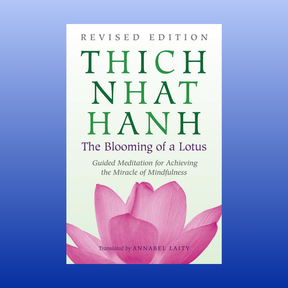 Book cover of The Blooming of a Lotus by Thich Nhat Hanh with a pink lotus flower and meditation theme