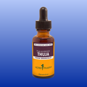 Herb Pharm Thuja 1 oz tincture bottle with dropper, fresh branchlet extract for external use, herbal wart remedy