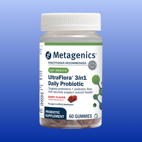 Bottle of Metagenics UltraFlora 3-in-1 Daily Probiotic berry flavor gummies for gut and immune health