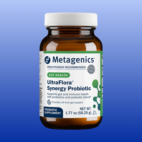 Metagenics UltraFlora Synergy Probiotic Powder bottle for gut health and immune support with probiotics and prebiotics
