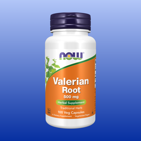Bottle of NOW Valerian Root 500 mg herbal supplement with 100 vegetarian capsules for sleep support and relaxation