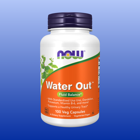 Bottle of NOW Water Out dietary supplement with 100 vegetarian capsules supporting urinary tract health and fluid balance