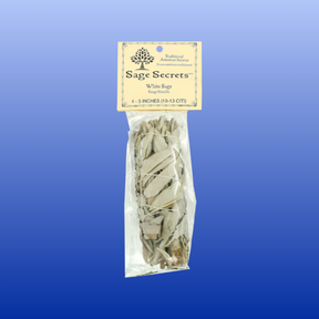 White sage incense bundle wrapped in cotton string for cleansing and purifying space, 4 to 5 inches long.