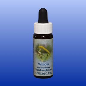 Bottle of Willow Flower Essence herbal supplement 0.25 oz with dropper on blue background